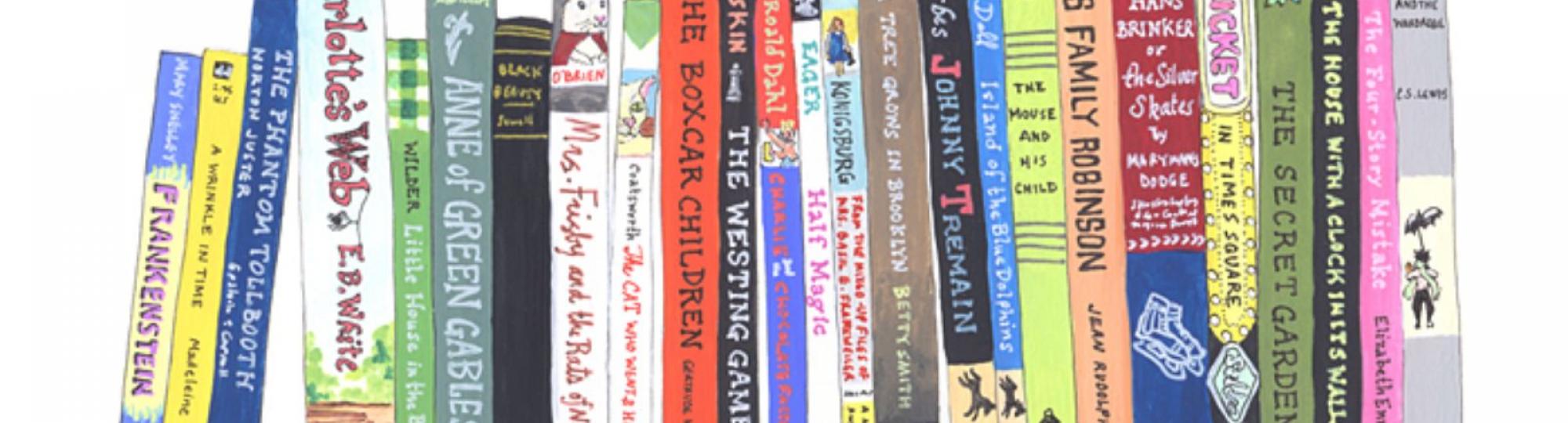 Drawing of childrens books on a book shelf