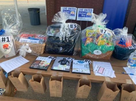 Raffle baskets on display.